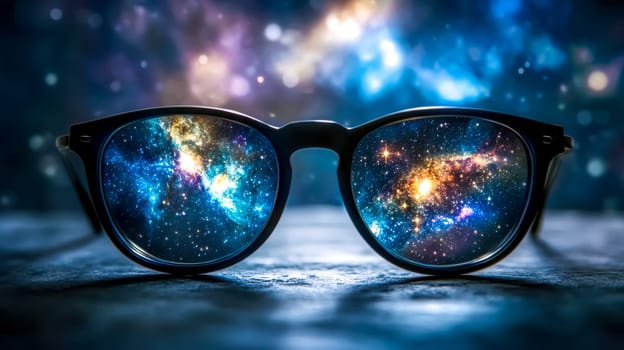 Eyeglasses reflecting colorful galaxies and stars in a vast, dark space, creating a sense of wonder and exploration, inspiring curiosity about the universe and its mysteries