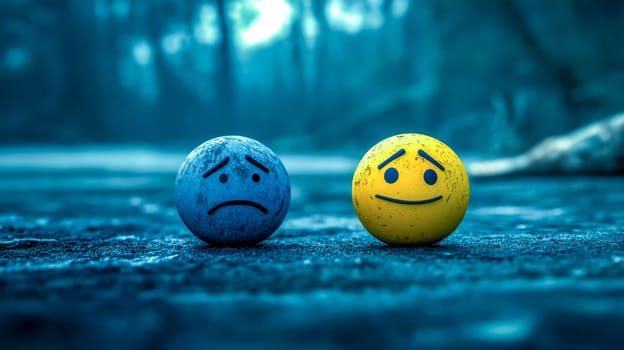 Two spherical emojis with contrasting expressions, blue representing sadness and yellow conveying happiness, symbolize the duality of human emotions