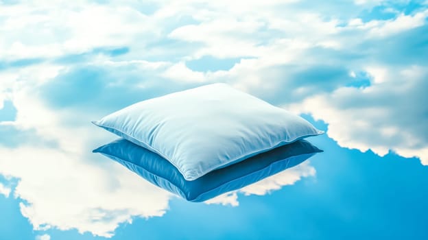 Soft, white pillow rests on a reflective surface, mirroring a serene blue sky dotted with fluffy white clouds, creating a tranquil and dreamy atmosphere
