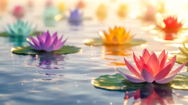 Colorful lotus flowers are gently floating on the tranquil surface of a pond, illuminated by the warm golden light of the setting sun, creating a serene and magical atmosphere