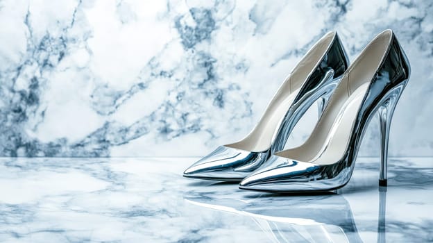 Shiny silver high heels stand on a polished marble surface, reflecting the elegant design and creating a luxurious atmosphere, perfect for fashion or retail related content