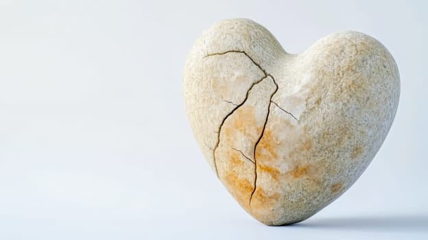 Stone heart with cracks representing heartbreak, emotional pain, and the fragility of love, set against a clean white background, creating a powerful visual metaphor for loss and sadness