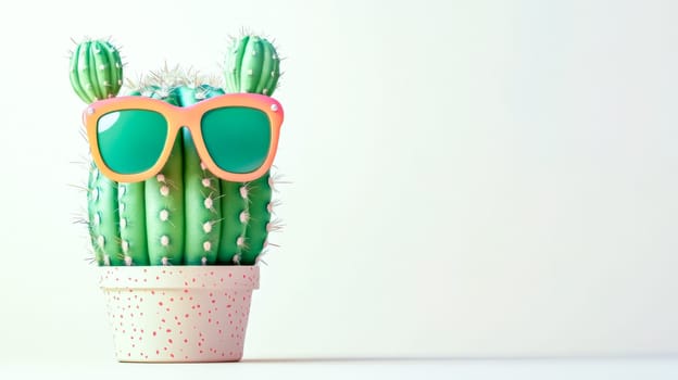 Cheerful cactus wearing oversized, bright sunglasses sits playfully in a pot against a pristine white background, radiating a fun and quirky summer vibe perfect for any tropical decor