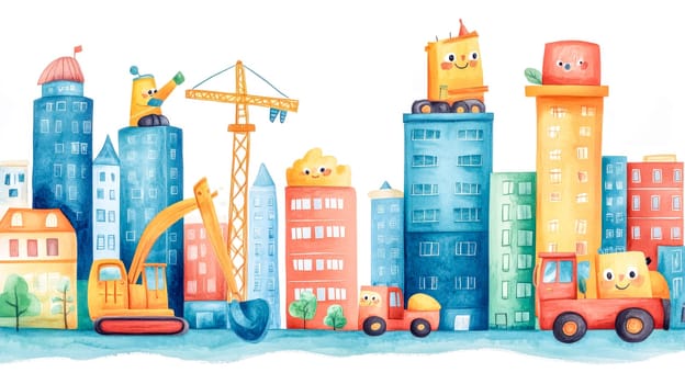 Colorful watercolor illustration of a cityscape with smiling buildings and friendly construction vehicles, creating a playful and imaginative scene for children's projects