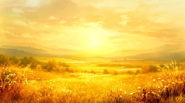 Soft golden light from the setting sun bathes a tranquil field of wildflowers, creating a serene and idyllic countryside scene with rolling hills in the background