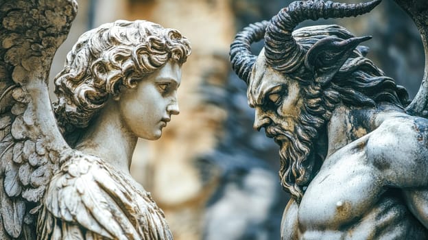 Marble statues of an angel and a devil facing each other, creating a symbolic representation of the eternal struggle between good and evil, a classic theme in art and literature