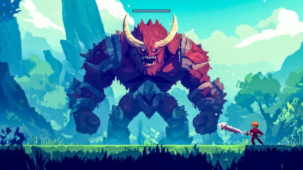 Pixel art warrior brandishing a sword prepares to confront a colossal red monster in a vibrant fantasy landscape, evoking classic arcade adventures