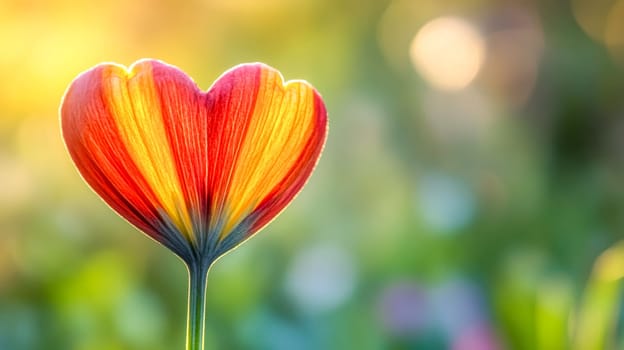 Heart shaped flower is blooming with vibrant colors of red, orange, and yellow, illuminated by the warm glow of sunlight against a soft focus green background