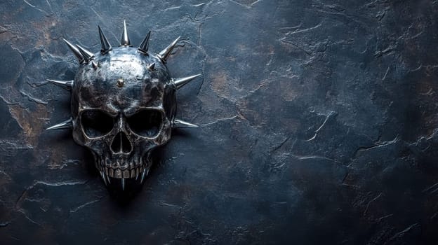 Metallic skull with spikes and fangs rests on a dark, textured background, creating a dramatic and evocative scene with space for text or design elements