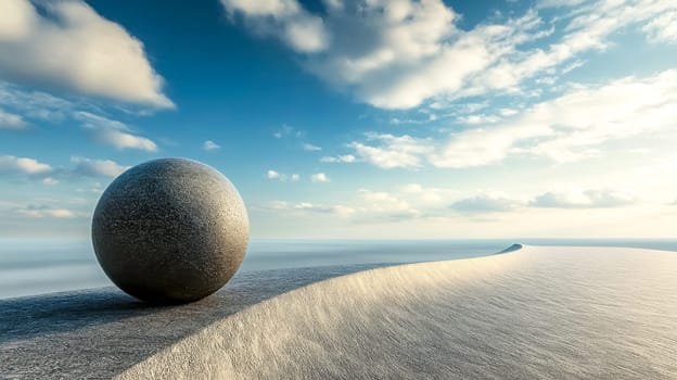 Large, textured sphere resting at the edge of a slope against a serene ocean and sky backdrop, symbolizing momentum, progress, and the journey toward a goal