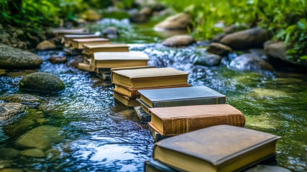 Large sturdy antique books are arranged as stepping stones across a gently flowing stream in a natural setting, creating a conceptual image of knowledge, journey, and discovery