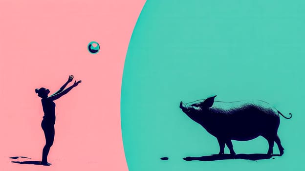 Minimalist illustration depicting the idiom casting pearls before swine, featuring a woman throwing a pearl to a pig against a vibrant two tone background