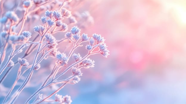Delicate branches covered with frost during a colorful sunrise in winter, creating a beautiful and serene winter scene with pastel colors, ideal for nature and winter themed projects