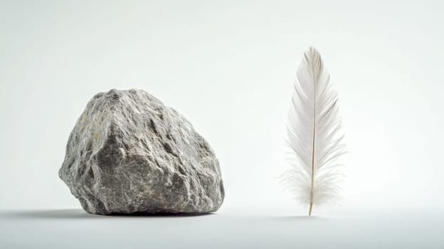 Heavy gray rock resting beside a gently floating white feather on a minimalist white background, symbolizing the contrast between strength and fragility