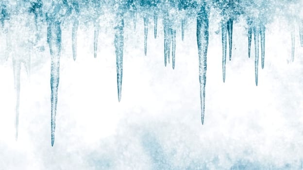 Small icicles forming from frosty air on a cold winter day create a delicate, icy scene, beautifully contrasting against a pristine white background