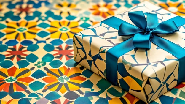 Elegantly wrapped gift box with a vibrant blue ribbon sits on colorful floral wrapping paper, creating a festive and celebratory atmosphere