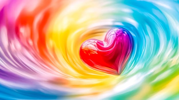 Glossy red heart floating on a vibrant, swirling rainbow background, creating a cheerful and romantic abstract composition with a kaleidoscopic effect