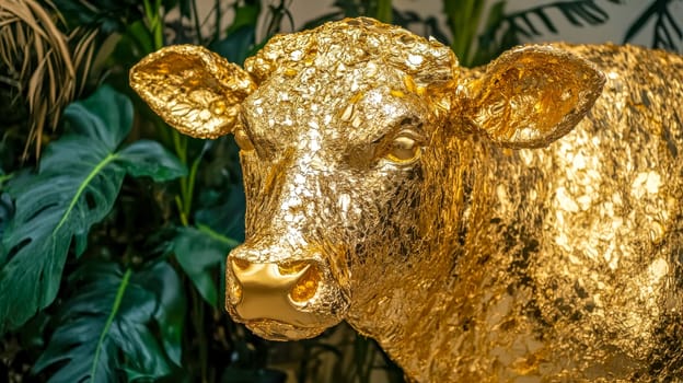 Golden cow sculpture, adorned with gold leaf, representing prosperity and symbolizing wealth, set against a vibrant backdrop of lush green foliage, exuding opulence and elegance