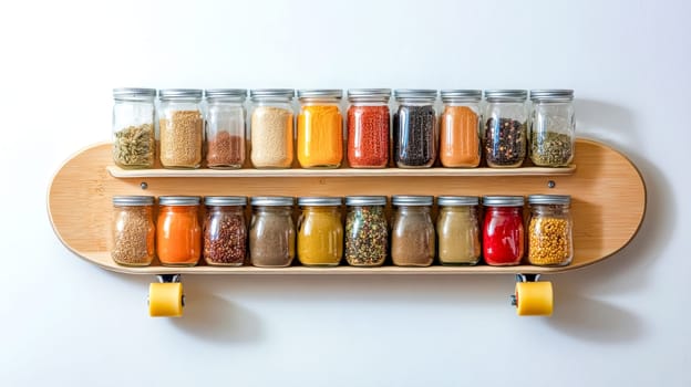 Wooden skateboard deck mounted on a white wall, ingeniously transformed into a spice rack, displaying an array of colorful spices and herbs in glass jars with silver lids