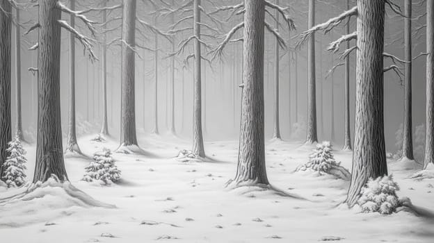 Pine trees covered with snow create a tranquil and serene atmosphere in a monochromatic winter forest, where snow blankets the ground, offering a peaceful escape into nature's beauty