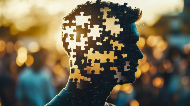Jigsaw puzzle pieces forming the silhouette of a human head against a blurred sunset background, symbolizing mental health, psychology, and the complexities of human thought