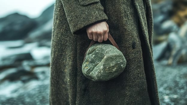 Geologist carrying a rock sample in a leather sling during a geological survey in a rocky landscape, performing fieldwork for geological research