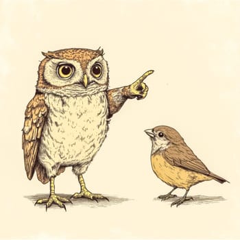 Drawing of an owl pointing its wing at a small yellow sparrow, creating a humorous and intriguing scene with potential for various interpretations