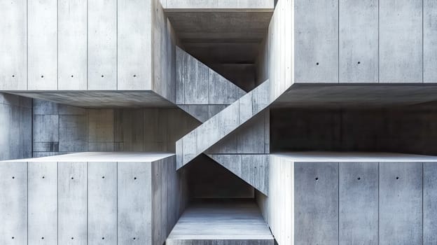 Interlocking concrete structures form an abstract architectural design, highlighting modern building techniques and intricate geometric shapes in a captivating urban environment