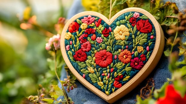 Exquisite heart shaped embroidery featuring a vibrant mix of colorful flowers and lush greenery, stitched onto a rich teal background and framed in natural wood