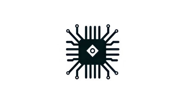 Microchip icon representing computer technology, printed circuit boards, and electronic components, symbolizing innovation and technological advancement in a minimalist design