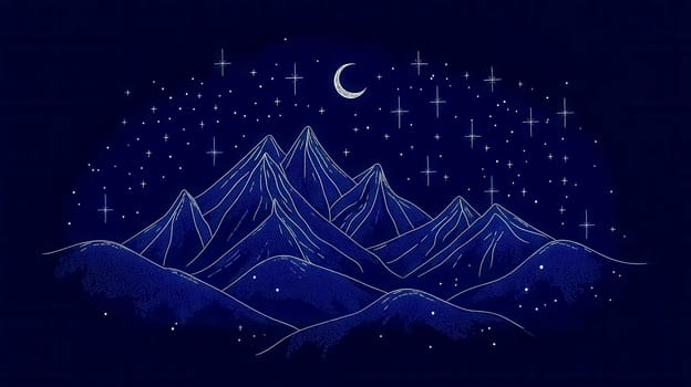 Minimalist illustration of a mountain landscape at night, illuminated by the soft glow of a crescent moon and countless stars, creating a serene and magical atmosphere