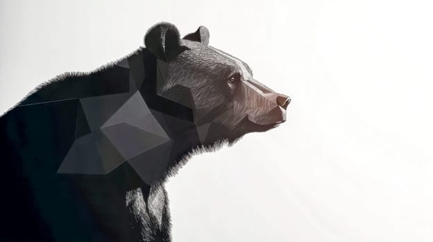 Bear profile emerging from a composition of dark geometric shapes creating a striking contrast against a white background, blending realism with abstract art