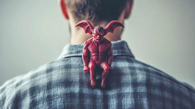 Conceptual image representing evil and temptation with a small red devil figurine sitting on a man's back, symbolizing inner demons, bad influences, or the burden of sin