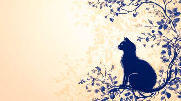 Captivating silhouette of a black cat perched gracefully on a stylized floral branch, creating a serene and artistic composition against a warm, textured backdrop