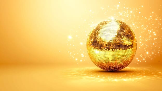 Golden disco ball reflecting light particles on a sparkling gold background, creating a festive and celebratory atmosphere, perfect for party or music themed projects