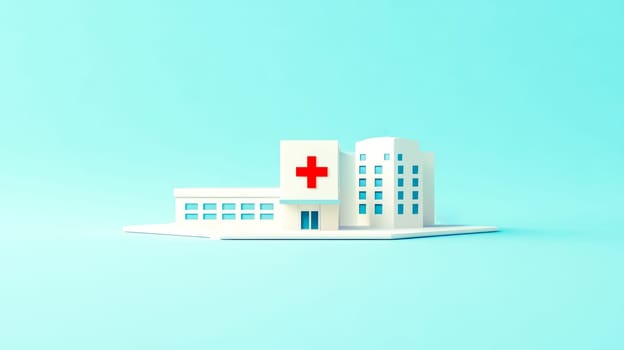 Minimalist representation of a hospital building presenting a red cross symbol, evoking themes of healthcare, emergency services, and medical assistance in a clean and simple style