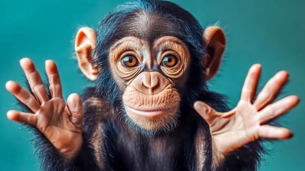 Expressive baby chimpanzee raising its hands and showing palms on a turquoise background, creating a captivating and engaging scene with its direct gaze and playful gesture