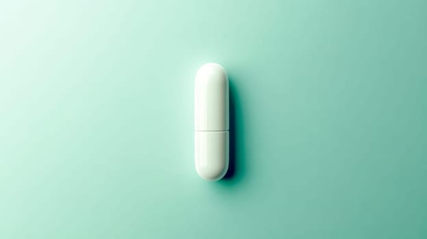 Single white medical capsule lies on a minimalist pastel green background, representing concepts of healthcare, pharmaceuticals, and medicine, creating a clean and symbolic visual