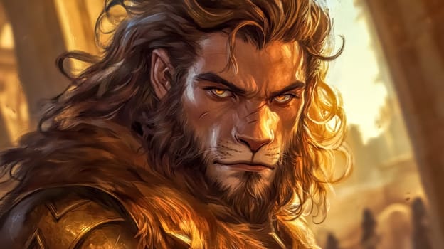 Powerful, regal warrior king with distinct lion like features, including a subtle mane framing his face, stands in a majestic setting, exuding strength and authority