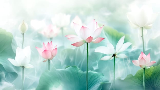 Pink and white lotus flowers rising from a misty pond, surrounded by large green leaves, create a serene and delicate atmosphere filled with tranquility and beauty