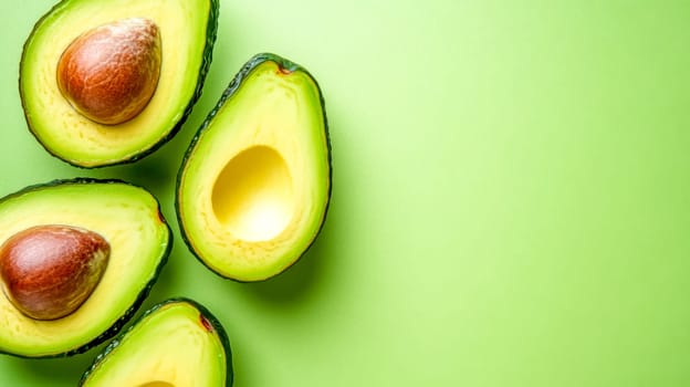 Arranging four avocado halves on a vibrant green background highlights the rich colors and textures of this nutritious fruit, embodying healthy eating and wellness
