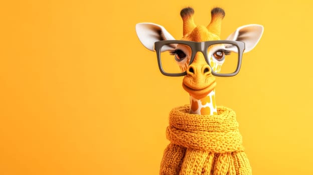 Fashionable giraffe wearing oversized glasses and a cozy yellow scarf stands confidently against a vibrant orange backdrop, creating a whimsical and stylish scene