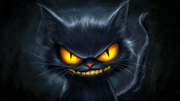 Digital illustration of a menacing black cat baring its teeth, with intensely glowing yellow eyes, set against a dark, textured background, creating a spooky and ominous atmosphere