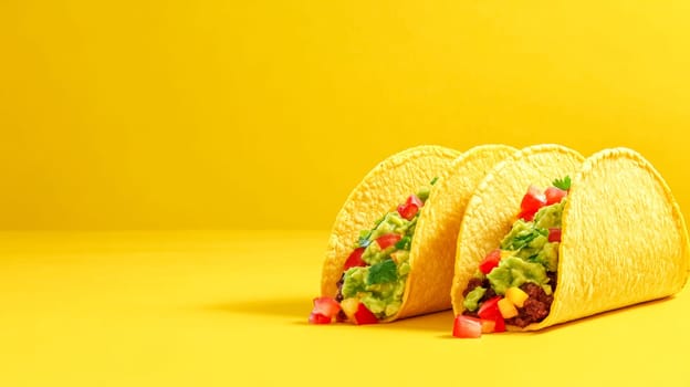 Three crunchy tacos filled with guacamole, salsa, and fresh cilantro are presented on a vibrant yellow background, creating a visually appealing and appetizing scene