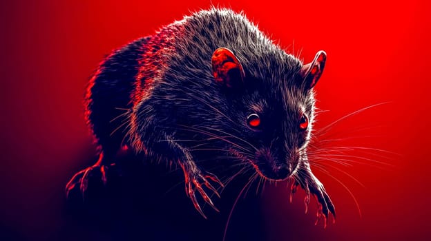 Creepy rat with sharp claws and glowing red eyes lurking in the shadows against a vibrant red backdrop, creating a sinister and eerie atmosphere