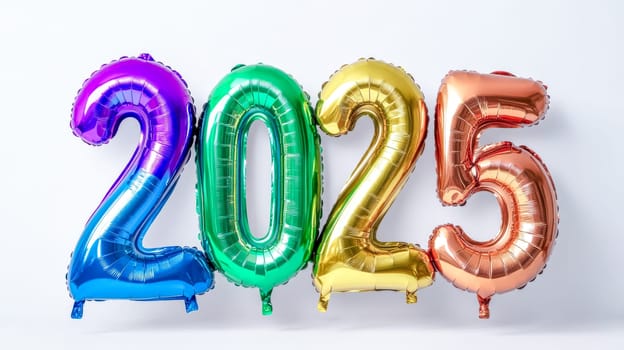 Shiny colorful inflatable balloons forming the number 2025 placed on a white background, celebrating the upcoming new year and creating a festive atmosphere