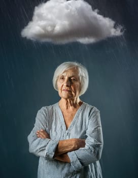 Old woman standing under rain, with a dark stormcloud above head.  Concept of losing memory, Alzheimer's and dementia disease. Cloudy and moody thoughts