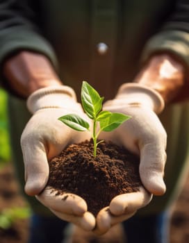 Closeup gardener hands holding fertile soil with grown green sapling. Man palms wearing working gloves planting a fresh seedling. Bio food global supply. Eco farming concept