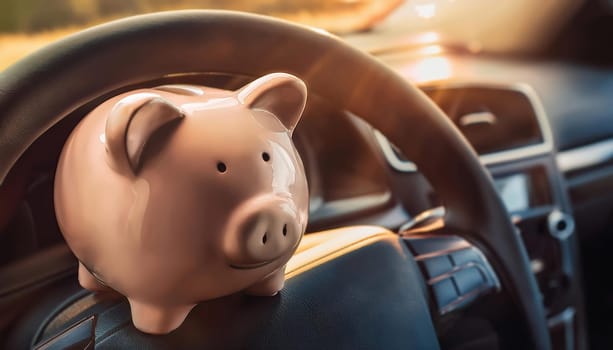 Interior of a car with a piggy bank placed on the steering wheel. Saving money for a new car. Economic investment in vehicle