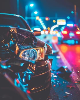 Close-up of a damaged car at night with vibrant city lights in the background